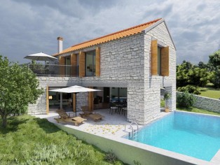 Newly built stone house with pool and sea views